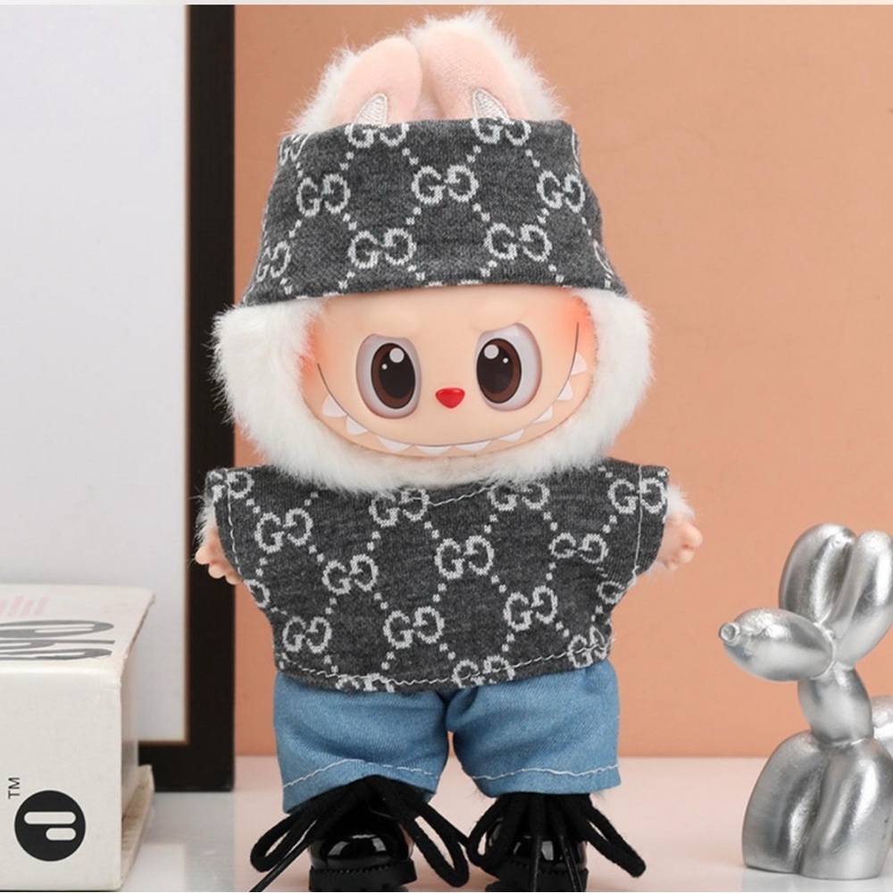 Labubu Luxury Overall Bucket Hat Set Black and White Labubu Outfit Clothing